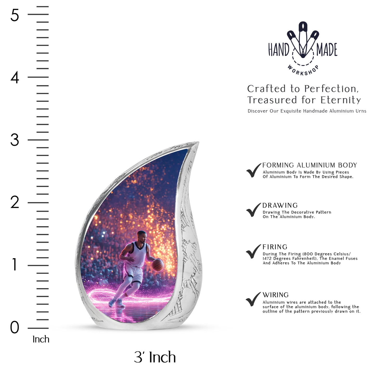 Bright Blue Basketball Cremation Urn angled view of lid and engraved motif - smooth teardrop contour featuring basketball art - mini keepsake memorial for portion of cremation ashes