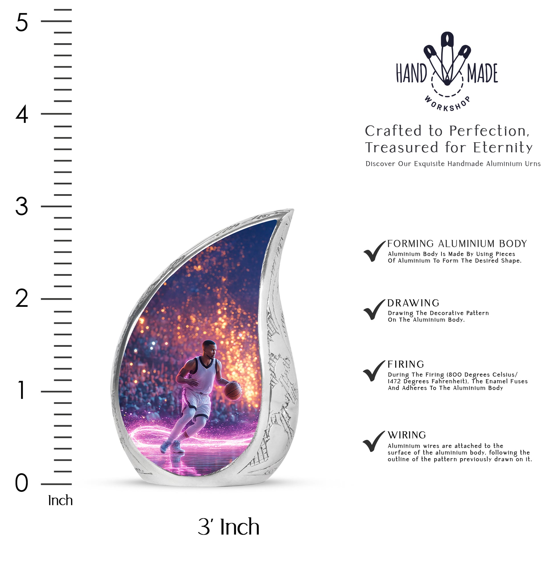 Bright Blue Basketball Cremation Urn angled view of lid and engraved motif - smooth teardrop contour featuring basketball art - mini keepsake memorial for portion of cremation ashes
