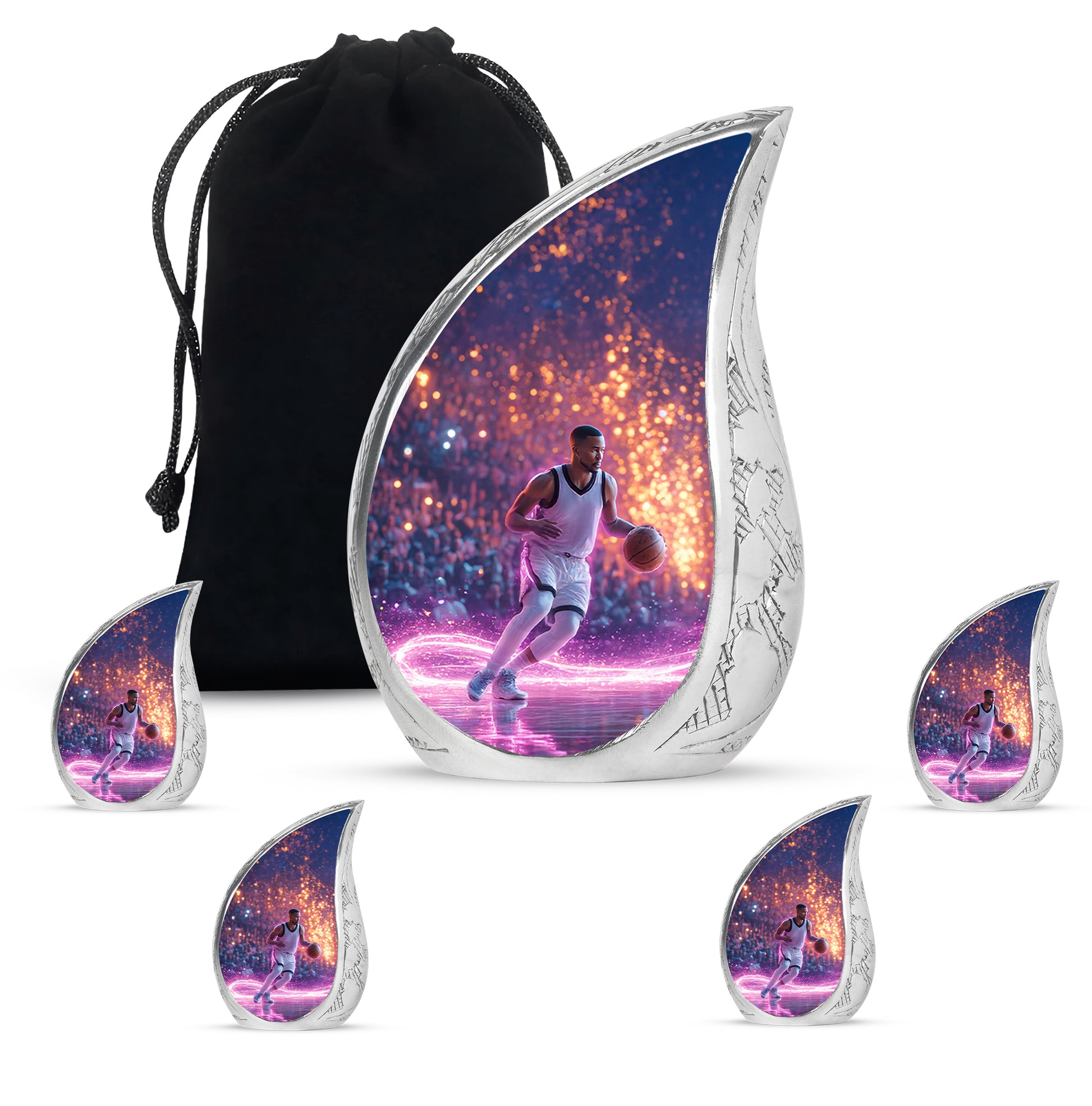 Bright Blue Basketball Cremation Urn side profile showing urn shape - graceful tear-shaped urn with basketball motif - memorial set with one large and four small urns