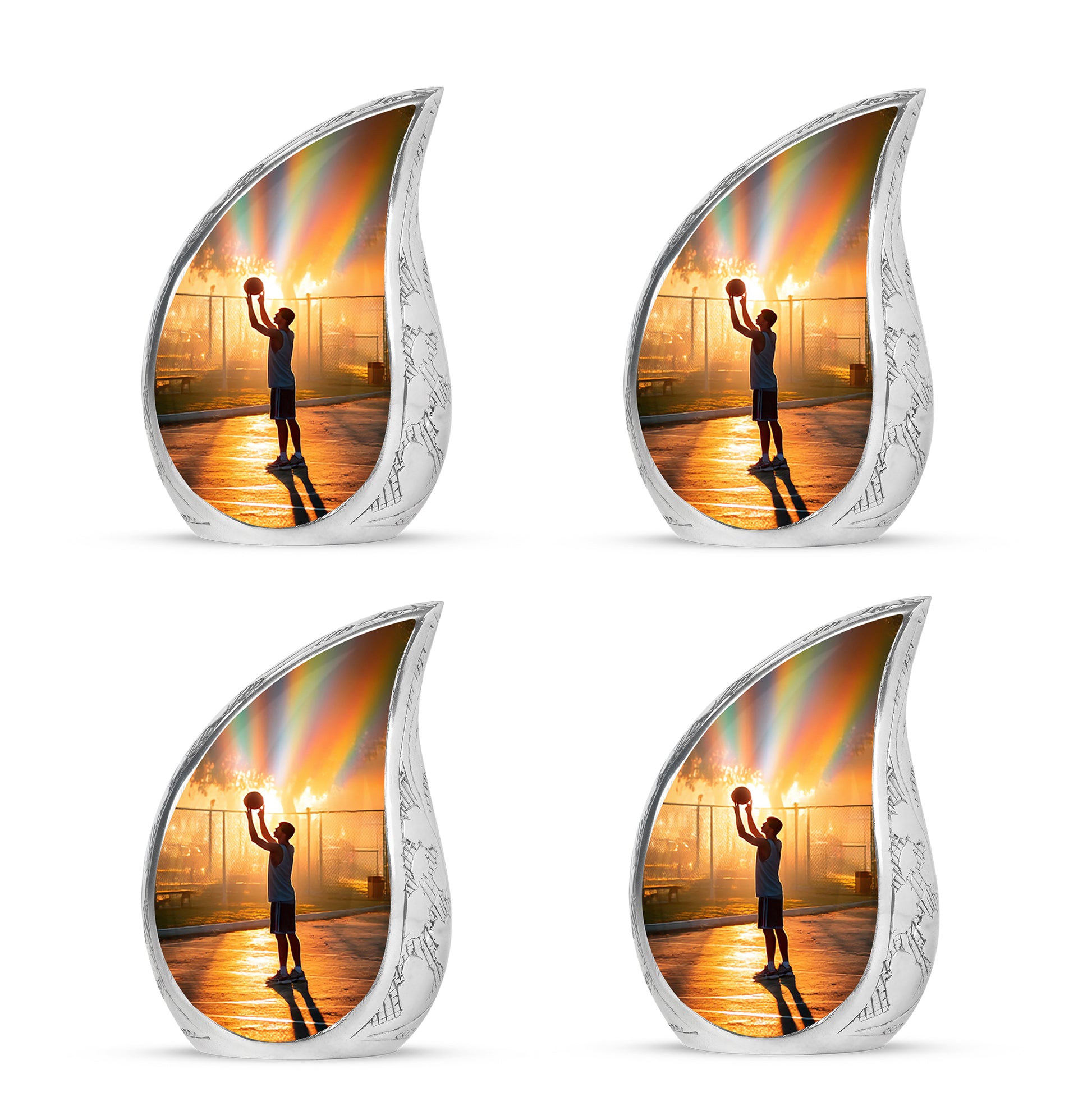 Royal Gold Basketball Cremation Urn close-up of engraving and surface detail - graceful tear-shaped urn with basketball motif - 10 inch aluminum urn for cremated remains