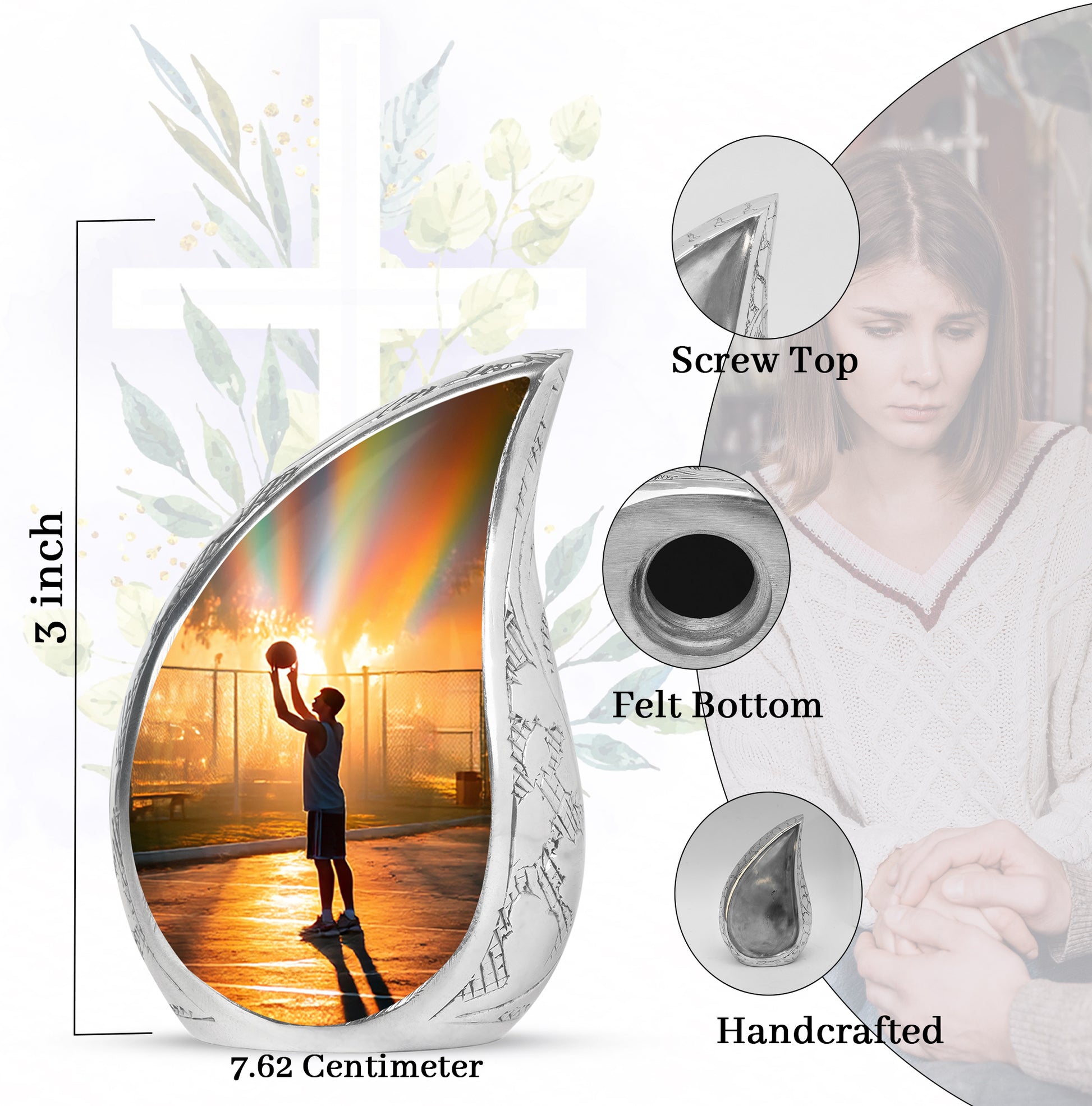 Gilded Gold Basketball Cremation Urn angled view of lid and engraved motif - flowing teardrop basketball silhouette on curved aluminum - mini keepsake memorial for portion of cremation ashes
