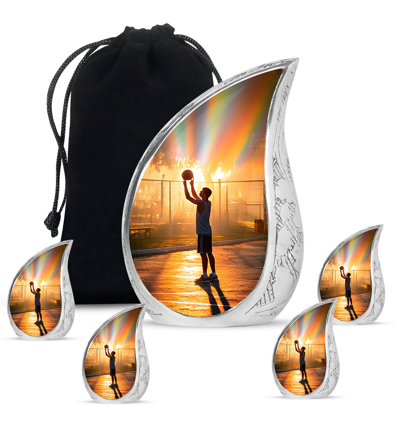 Gilded Gold Basketball Cremation Urn side profile showing urn shape - flowing teardrop basketball silhouette on curved aluminum - memorial set with one large and four small urns
