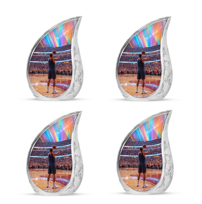 Dark Black Basketball Cremation Urn close-up of engraving and surface detail - graceful tear-shaped urn with basketball motif - 10 inch aluminum urn for cremated remains
