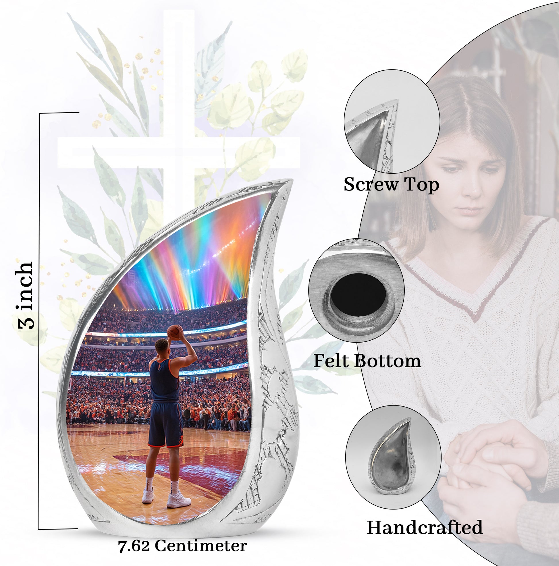 Glossy Black Basketball Cremation Urn angled view of lid and engraved motif - rounded teardrop basketball design with delicate detail - mini keepsake memorial for portion of cremation ashes