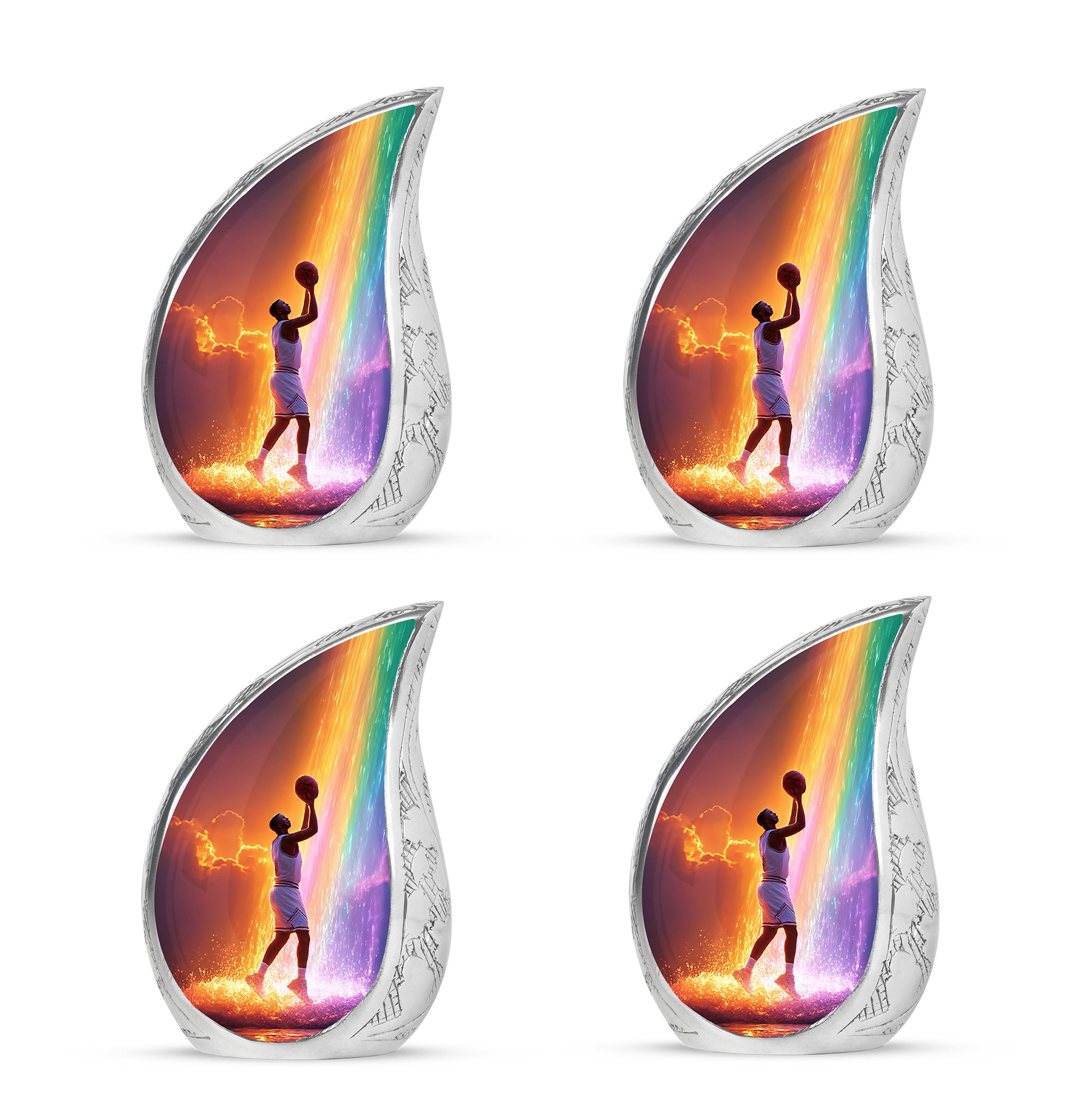 Amethyst Purple Basketball Cremation Urn close-up of engraving and surface detail - rounded teardrop basketball design with delicate detail - 10 inch aluminum urn for cremated remains