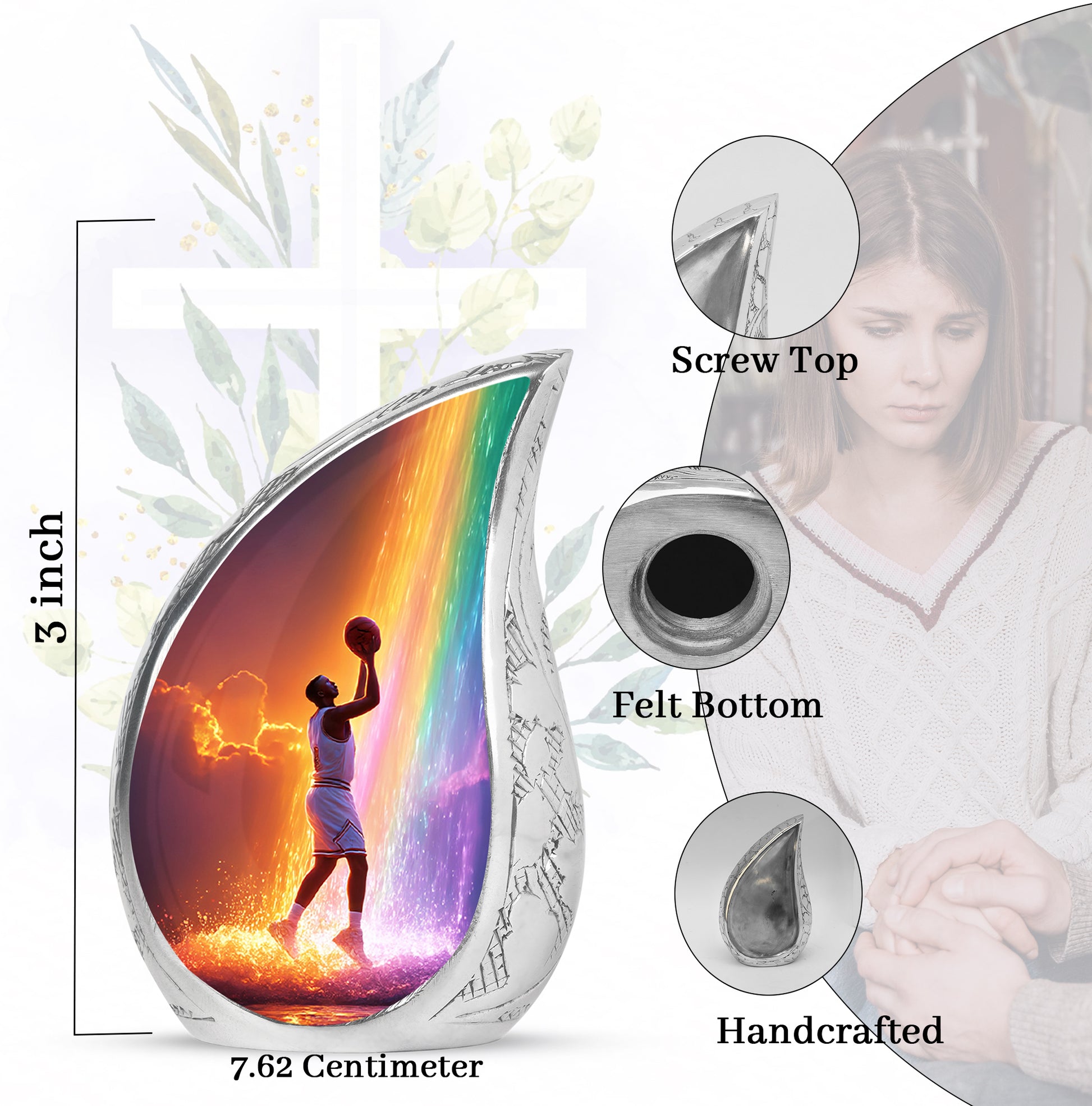 Violet Purple Basketball Cremation Urn angled view of lid and engraved motif - graceful tear-shaped urn with basketball motif - mini keepsake memorial for portion of cremation ashes