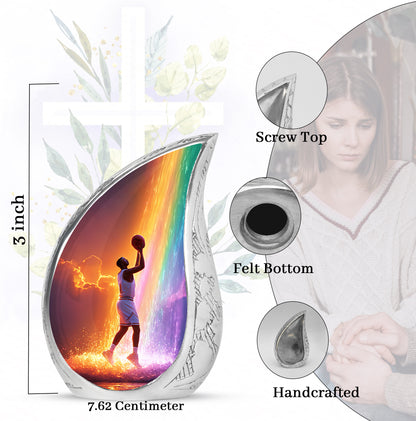 Violet Purple Basketball Cremation Urn angled view of lid and engraved motif - graceful tear-shaped urn with basketball motif - mini keepsake memorial for portion of cremation ashes