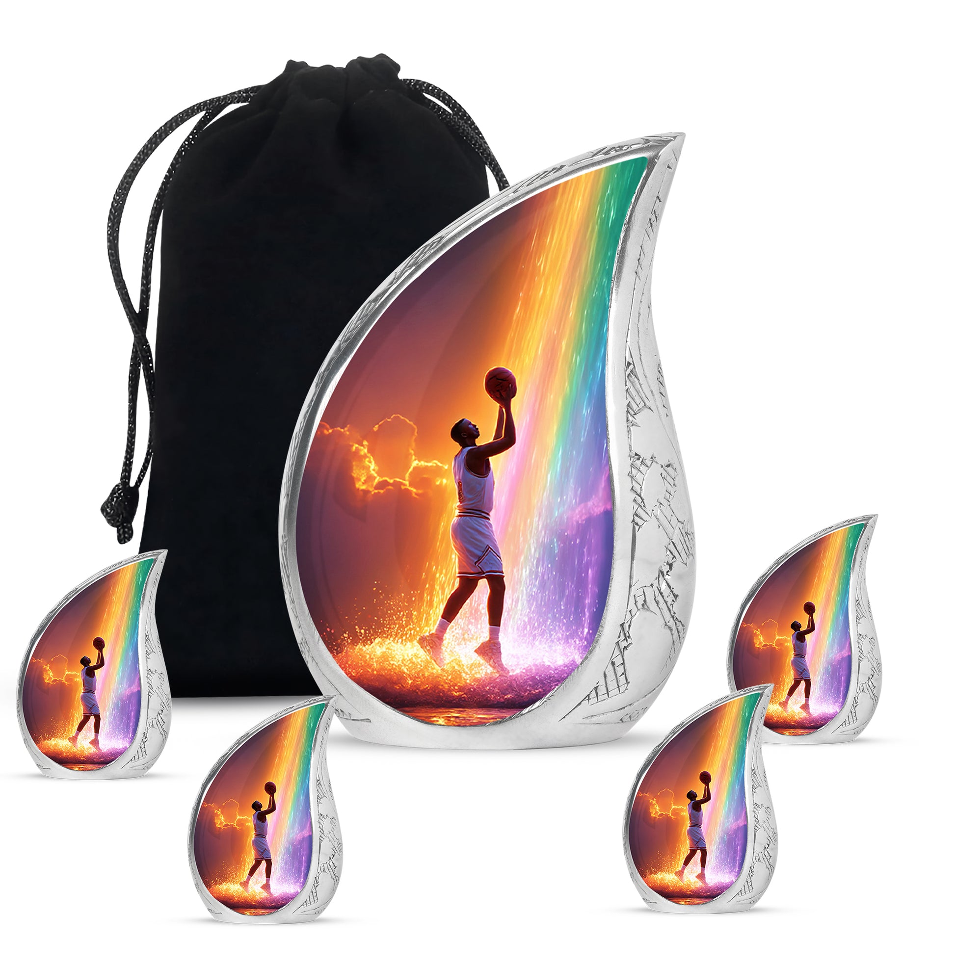 Lavender Purple Basketball Cremation Urn side profile showing urn shape - smooth teardrop contour featuring basketball art - memorial set with one large and four small urns