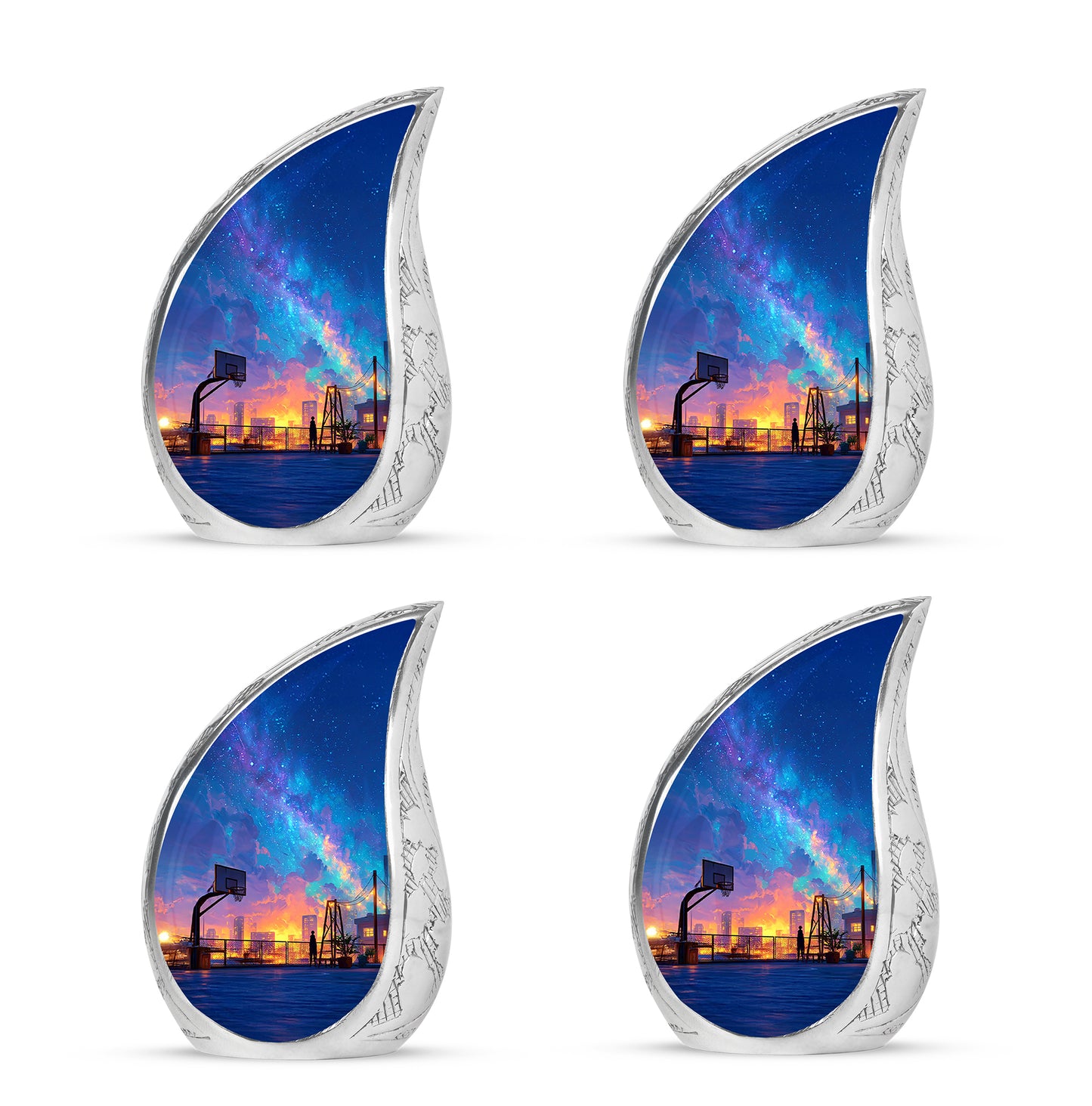 Bright Blue Basketball Cremation Urn close-up of engraving and surface detail - graceful tear-shaped urn with basketball motif - 10 inch aluminum urn for cremated remains