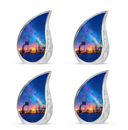 Bright Blue Basketball Cremation Urn close-up of engraving and surface detail - graceful tear-shaped urn with basketball motif - 10 inch aluminum urn for cremated remains
