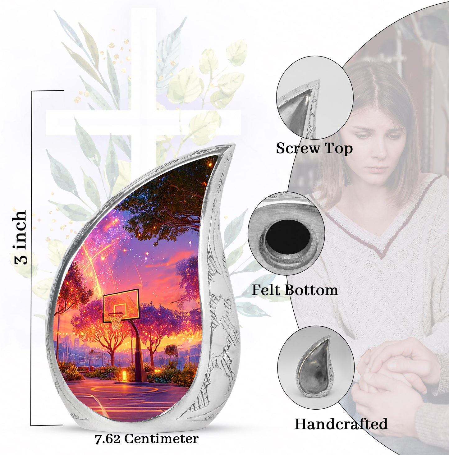 Cornflower Blue Basketball Cremation Urn angled view of lid and engraved motif - smooth teardrop contour featuring basketball art - mini keepsake memorial for portion of cremation ashes