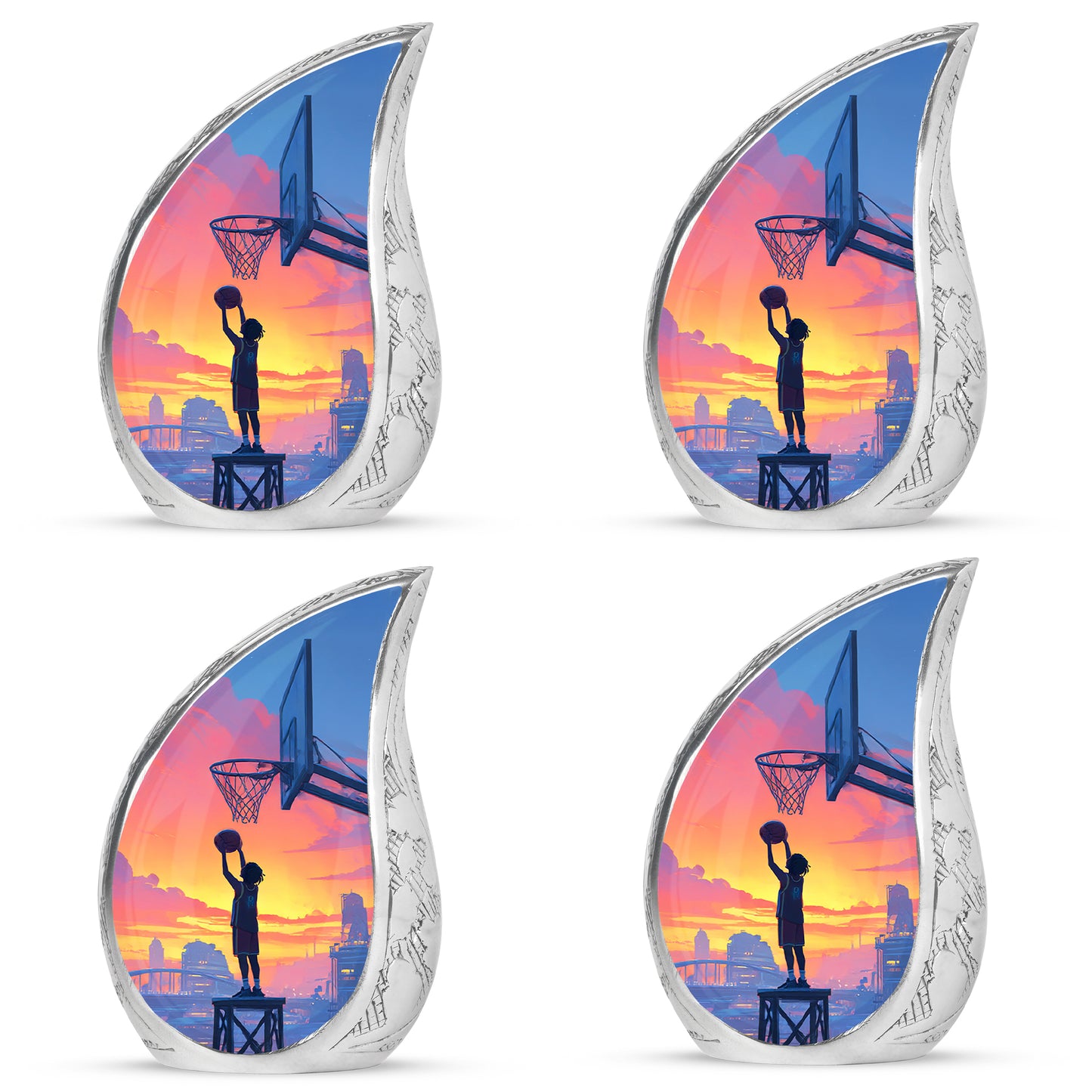 Steel Blue Basketball Cremation Urn close-up of engraving and surface detail - smooth teardrop contour featuring basketball art - 10 inch aluminum urn for cremated remains