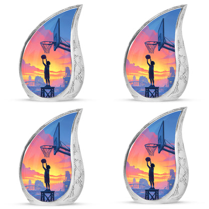 Steel Blue Basketball Cremation Urn close-up of engraving and surface detail - smooth teardrop contour featuring basketball art - 10 inch aluminum urn for cremated remains