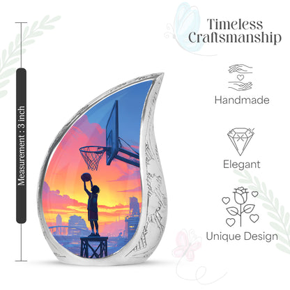 Sky Blue Basketball Cremation Urn angled view of lid and engraved motif - rounded teardrop basketball design with delicate detail - mini keepsake memorial for portion of cremation ashes
