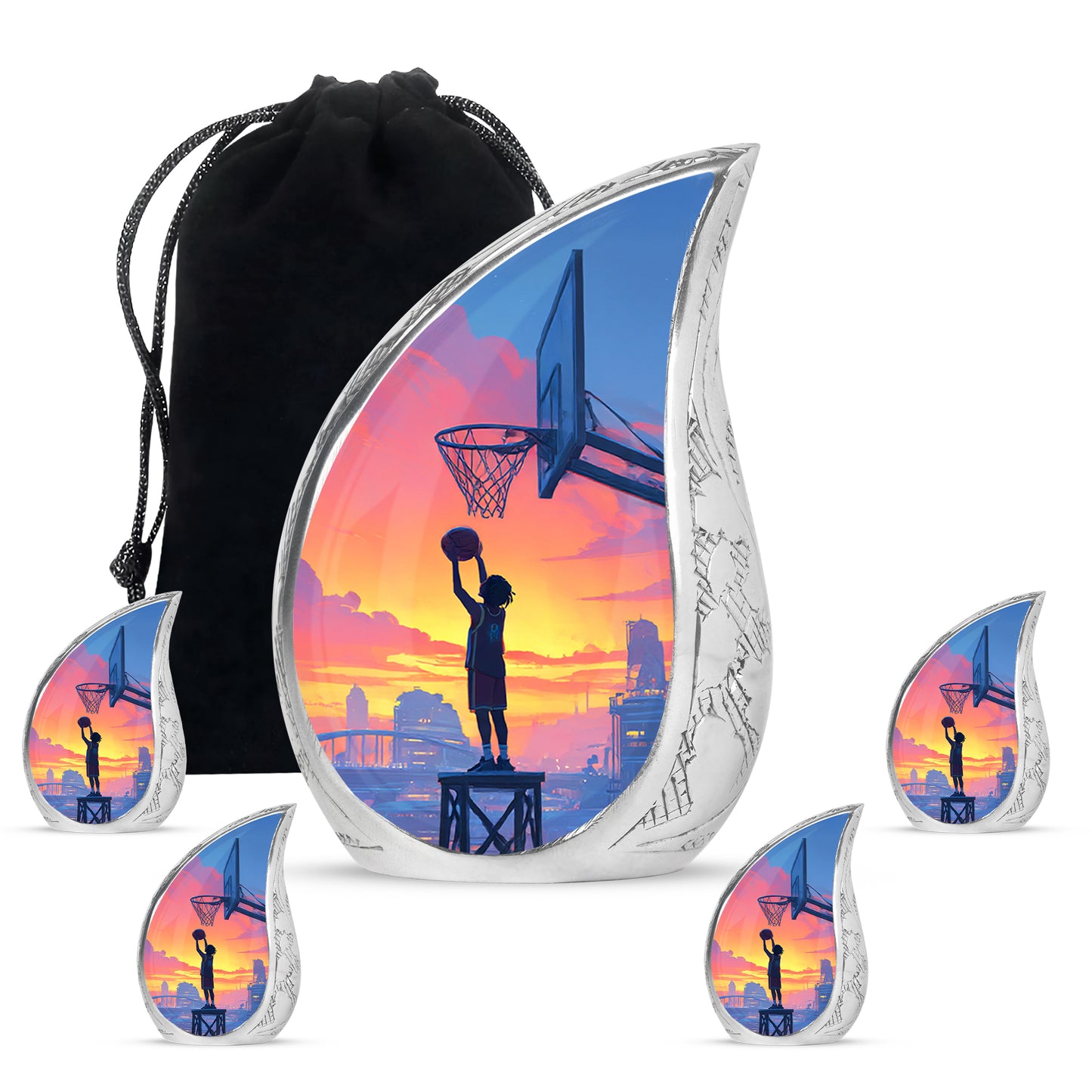Icy Blue Basketball Cremation Urn side profile showing urn shape - rounded teardrop basketball design with delicate detail - memorial set with one large and four small urns