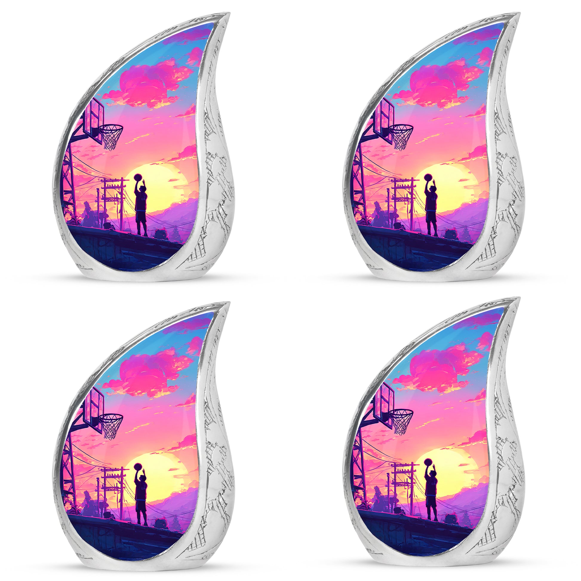Pastel Blue Basketball Cremation Urn close-up of engraving and surface detail - flowing teardrop basketball silhouette on curved aluminum - 10 inch aluminum urn for cremated remains
