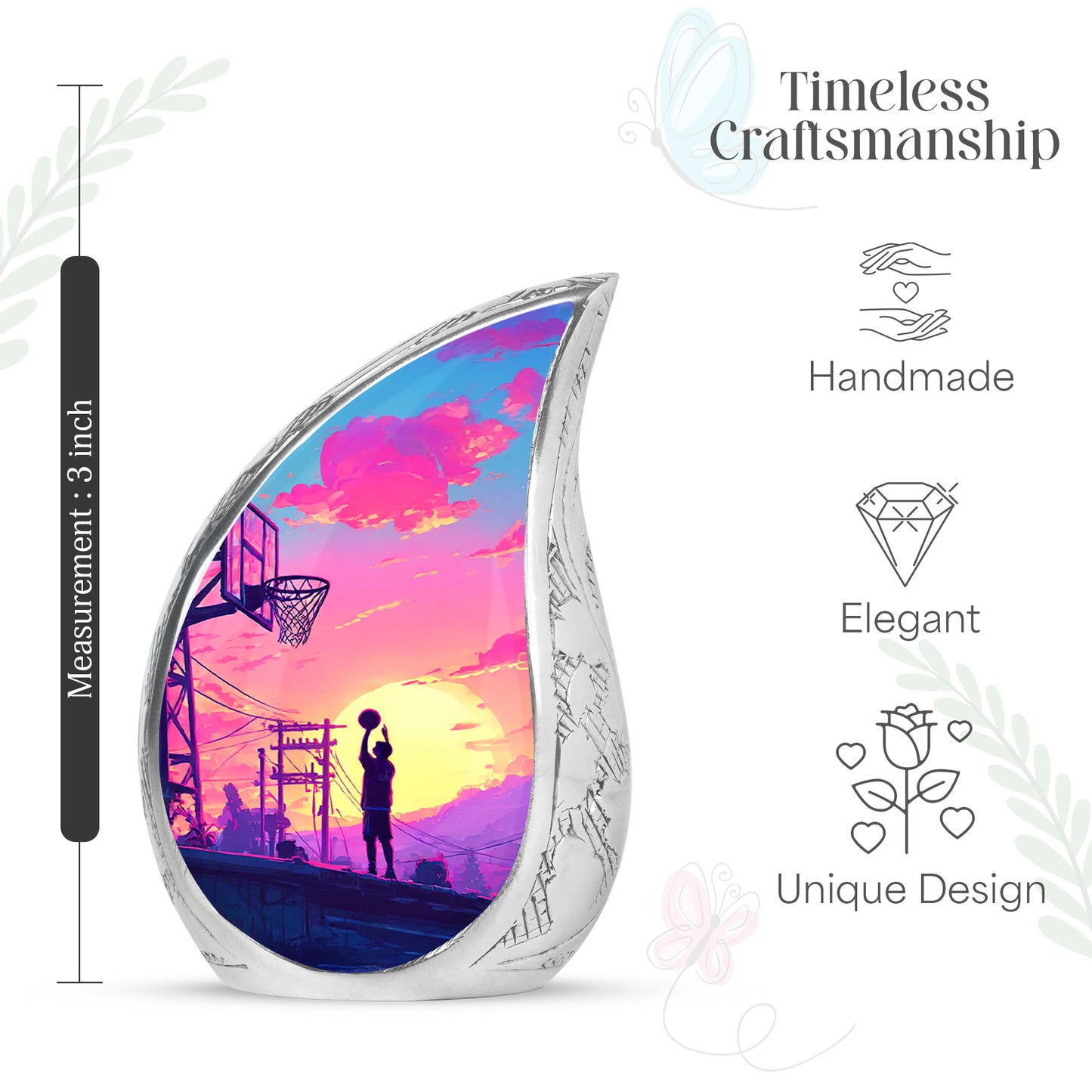 Dusty Blue Basketball Cremation Urn angled view of lid and engraved motif - rounded teardrop basketball design with delicate detail - mini keepsake memorial for portion of cremation ashes