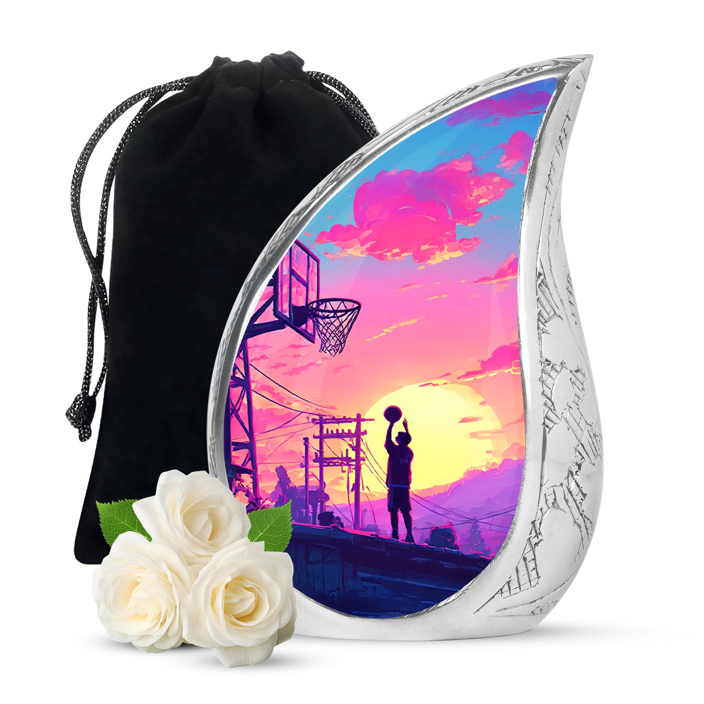 Steel Blue Basketball Cremation Urn front view showing detailed design - graceful tear-shaped urn with basketball motif - full-size 10 inch 200 cubic inch adult cremation urn