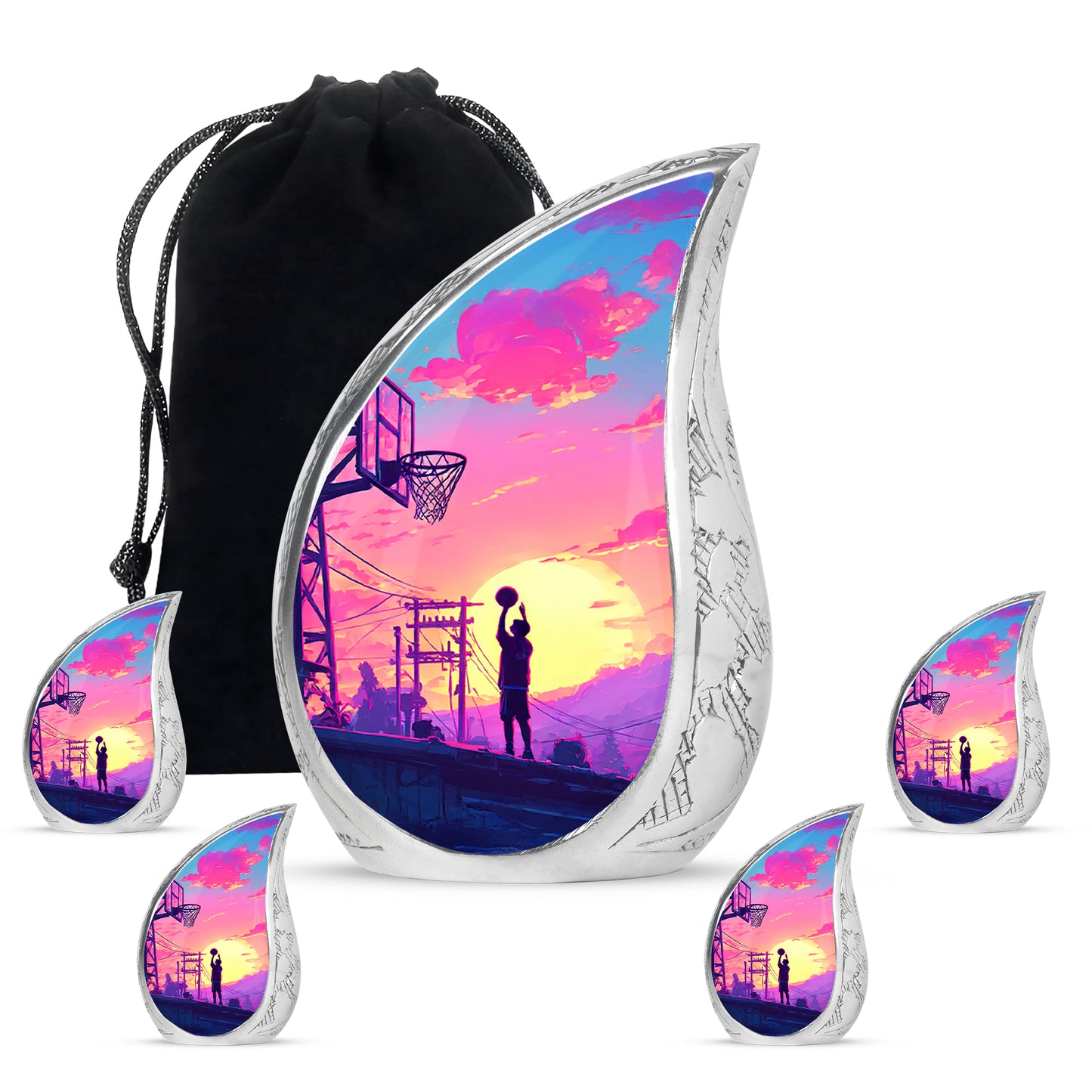 Misty Blue Basketball Cremation Urn side profile showing urn shape - flowing teardrop basketball silhouette on curved aluminum - memorial set with one large and four small urns