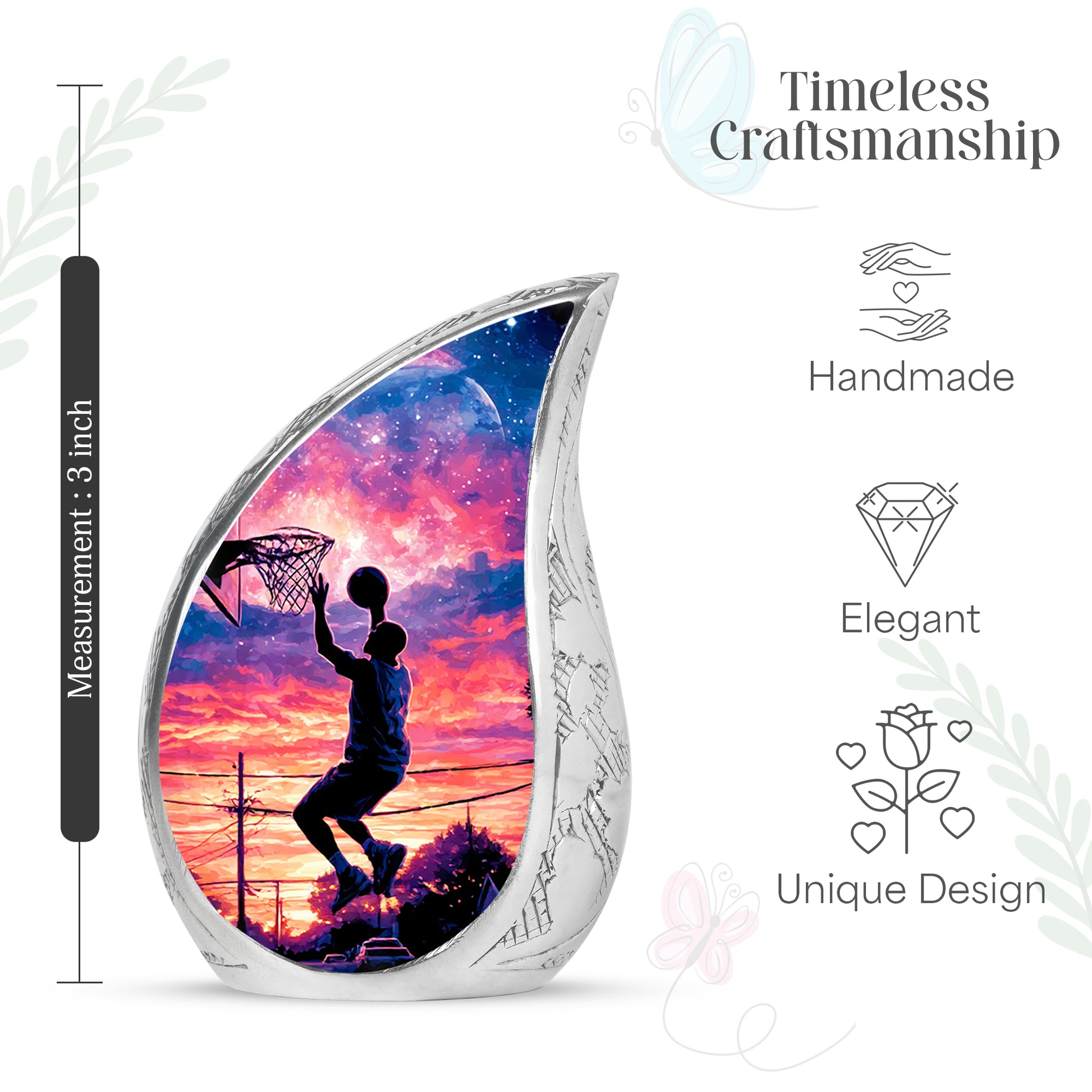 Glossy Black Basketball Cremation Urn angled view of lid and engraved motif - flowing teardrop basketball silhouette on curved aluminum - mini keepsake memorial for portion of cremation ashes