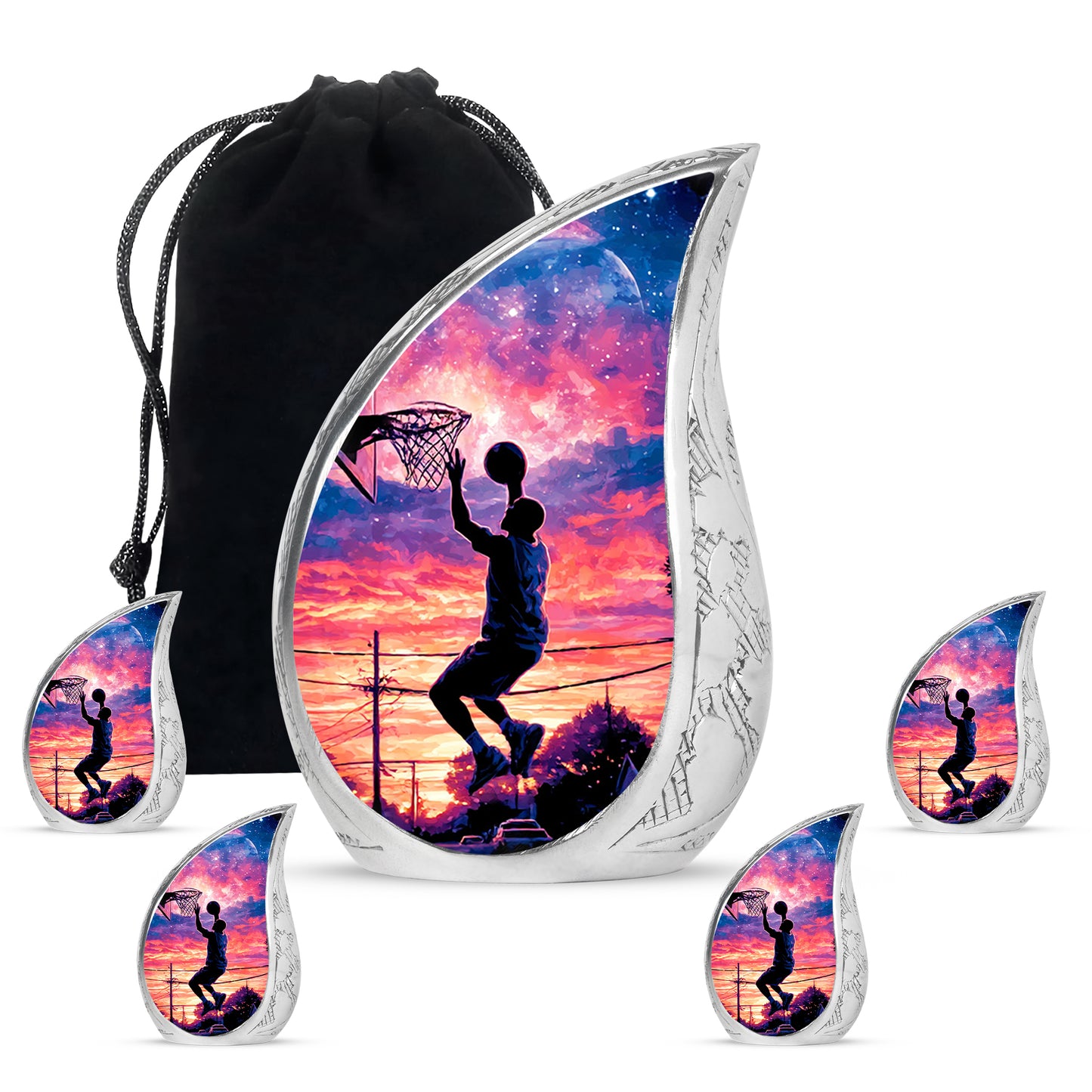 Ebony Basketball Cremation Urn side profile showing urn shape - flowing teardrop basketball silhouette on curved aluminum - memorial set with one large and four small urns