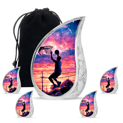 Ebony Basketball Cremation Urn side profile showing urn shape - flowing teardrop basketball silhouette on curved aluminum - memorial set with one large and four small urns
