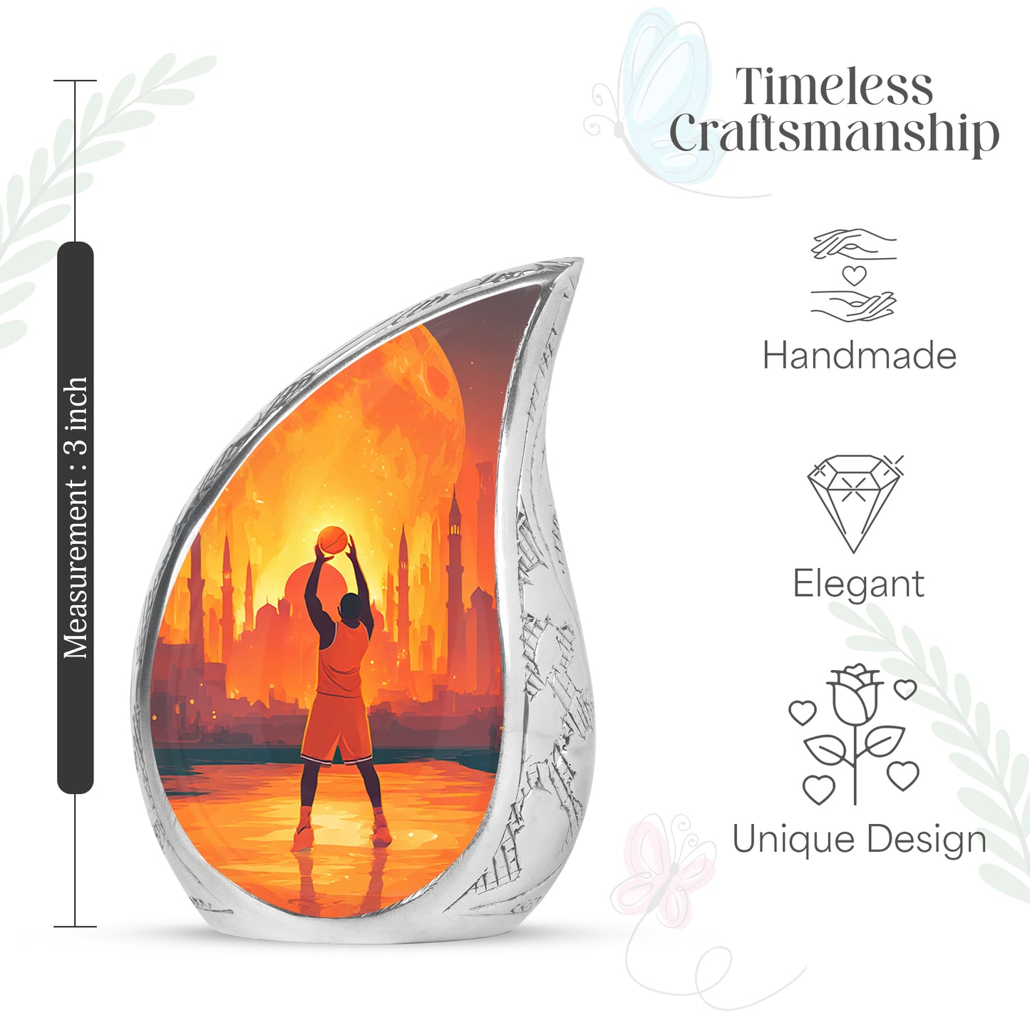 Garnet Red Basketball Cremation Urn angled view of lid and engraved motif - flowing teardrop basketball silhouette on curved aluminum - mini keepsake memorial for portion of cremation ashes
