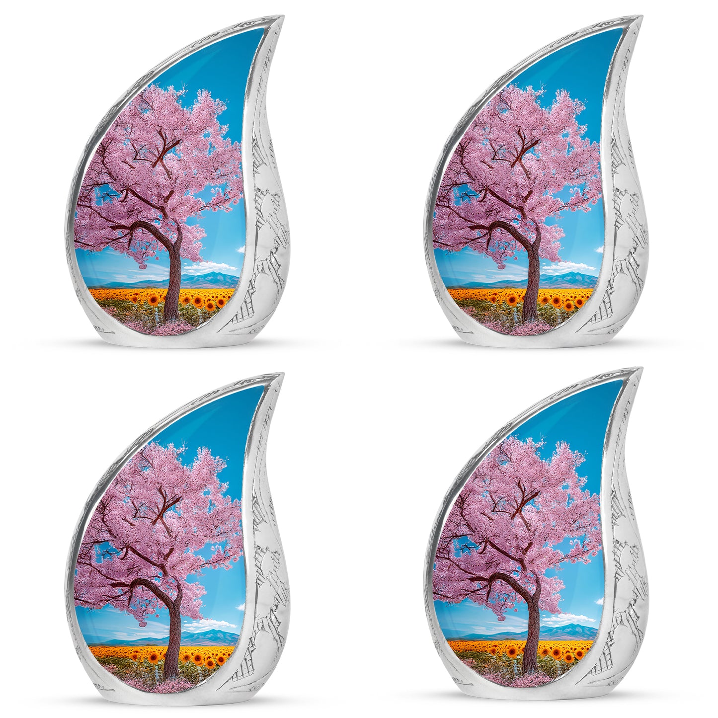 Slate Blue Cherry Blossom Cremation Urn close-up of engraving and surface detail - rounded teardrop cherry blossom design with delicate detail - 10 inch aluminum urn for cremated remains