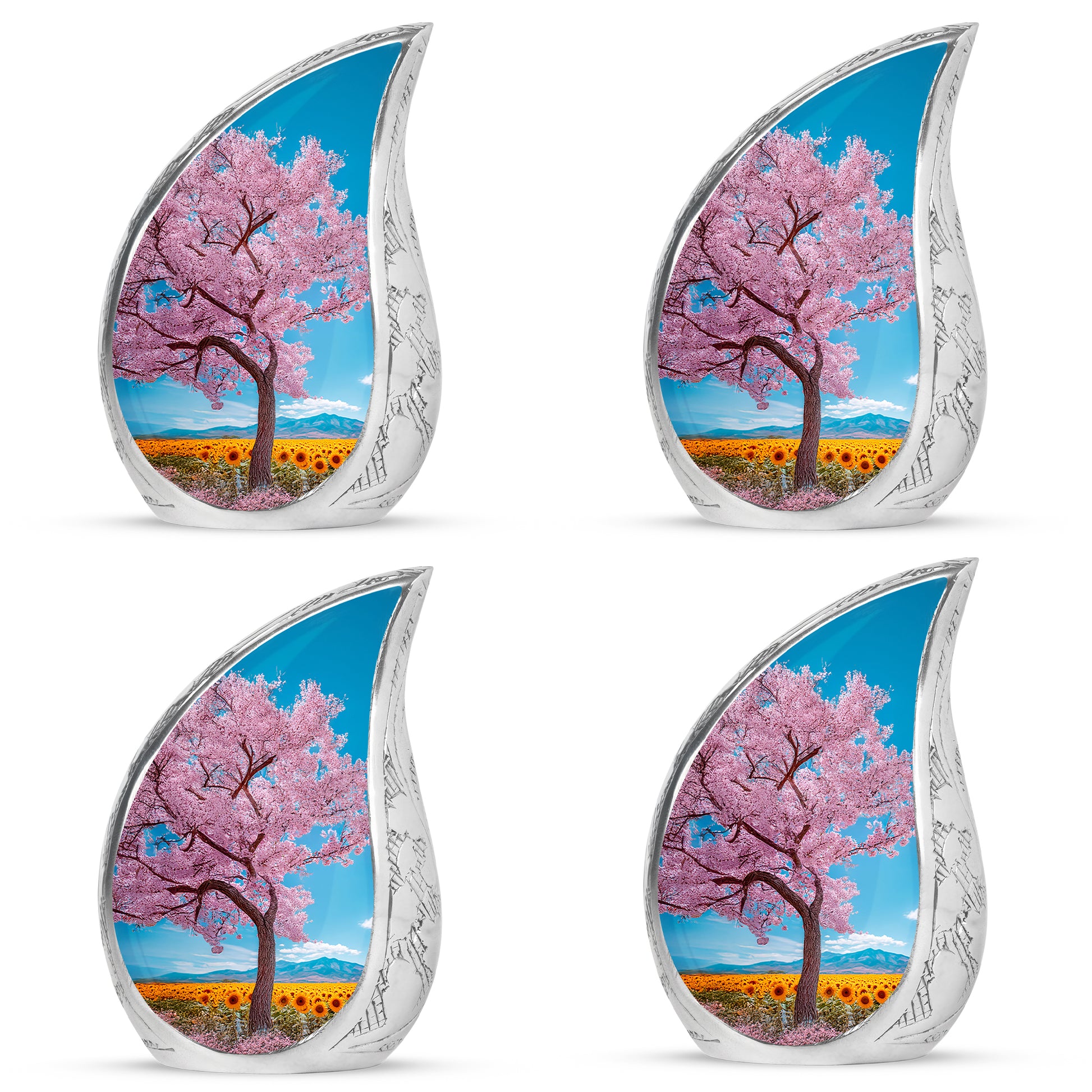 Slate Blue Cherry Blossom Cremation Urn close-up of engraving and surface detail - rounded teardrop cherry blossom design with delicate detail - 10 inch aluminum urn for cremated remains