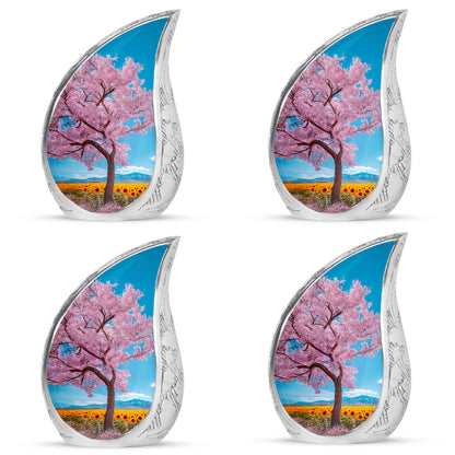 Slate Blue Cherry Blossom Cremation Urn close-up of engraving and surface detail - rounded teardrop cherry blossom design with delicate detail - 10 inch aluminum urn for cremated remains