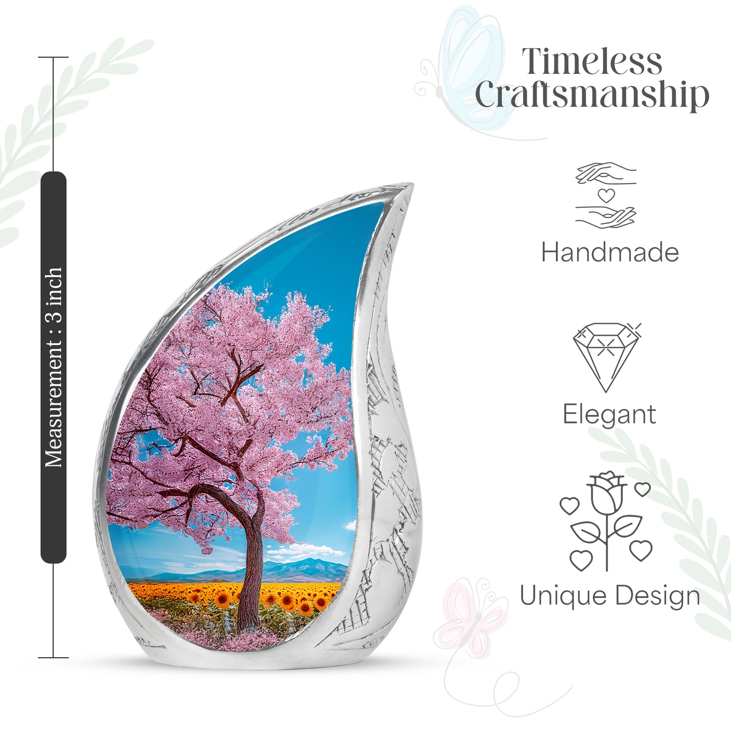 Soft Blue Cherry Blossom Cremation Urn angled view of lid and engraved motif - smooth teardrop contour featuring cherry blossom art - mini keepsake memorial for portion of cremation ashes
