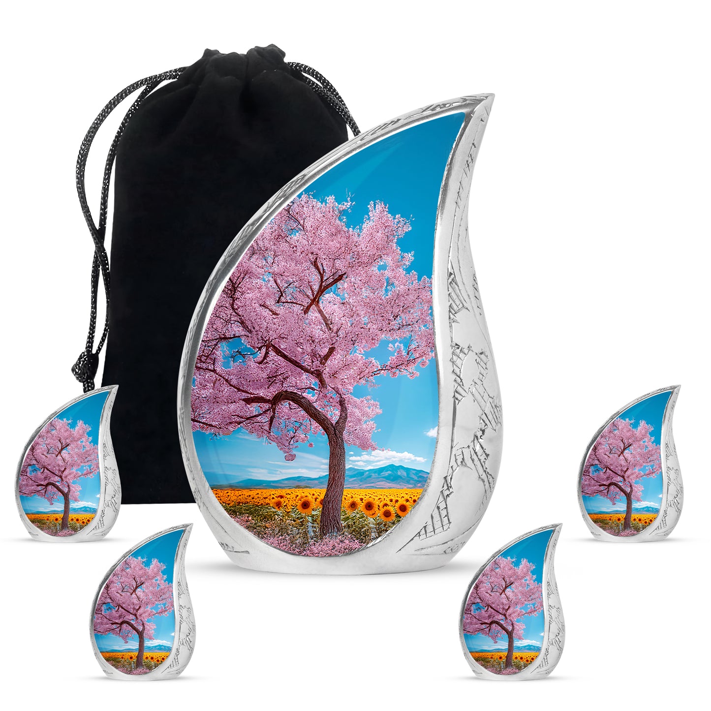 Cobalt Blue Cherry Blossom Cremation Urn side profile showing urn shape - smooth teardrop contour featuring cherry blossom art - memorial set with one large and four small urns