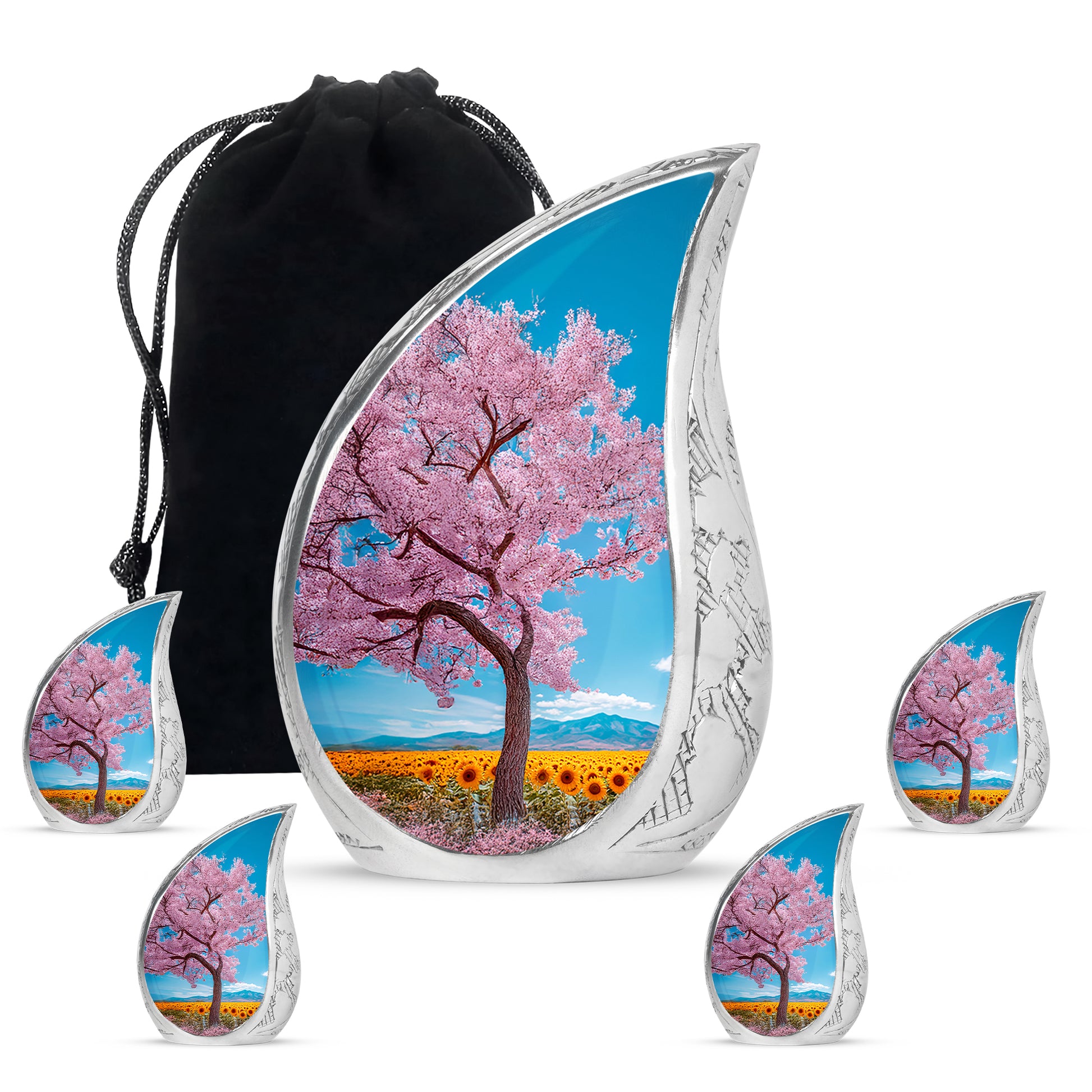 Cobalt Blue Cherry Blossom Cremation Urn side profile showing urn shape - smooth teardrop contour featuring cherry blossom art - memorial set with one large and four small urns
