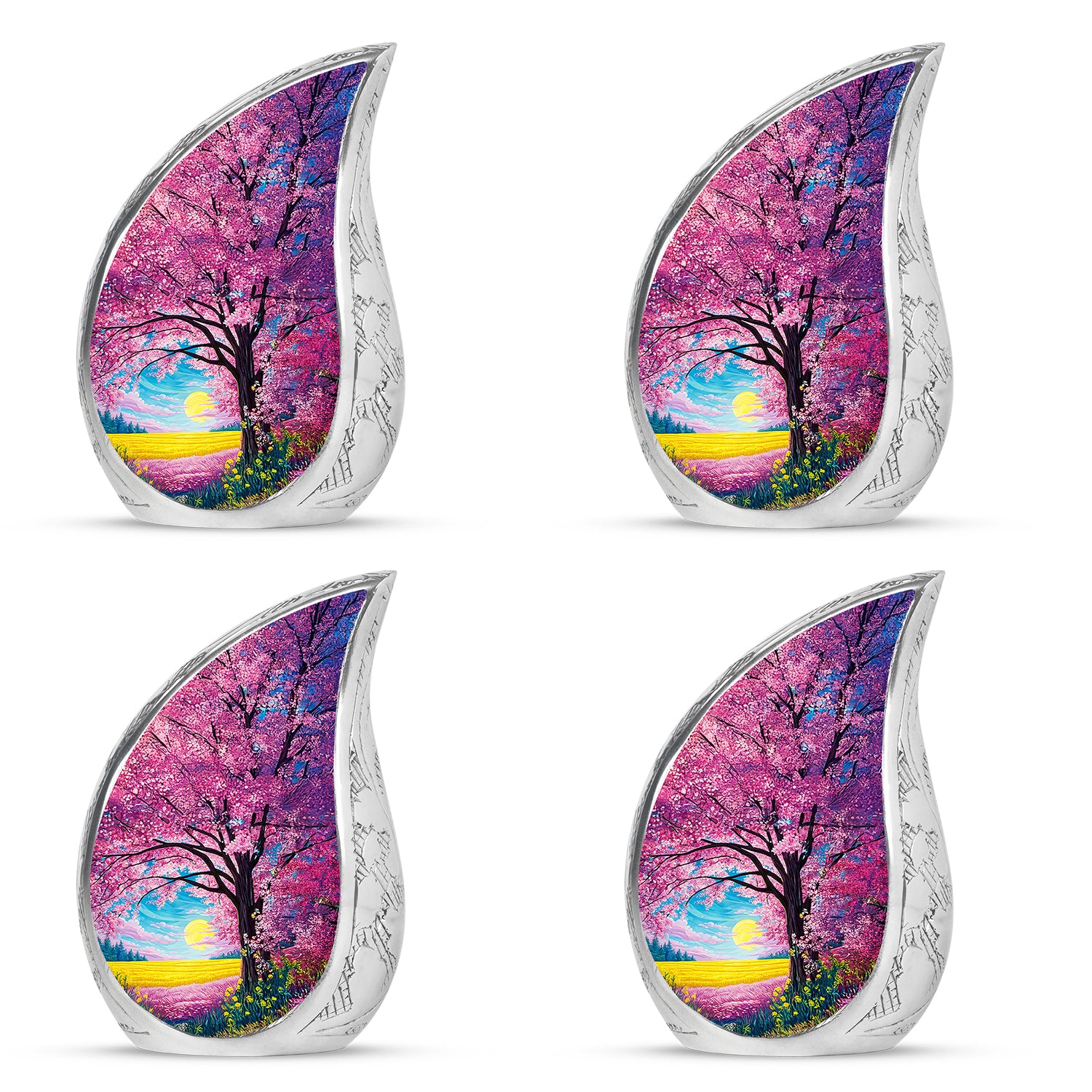 Petal Pink Cherry Blossom Cremation Urn close-up of engraving and surface detail - graceful tear-shaped urn with cherry blossom motif - 10 inch aluminum urn for cremated remains
