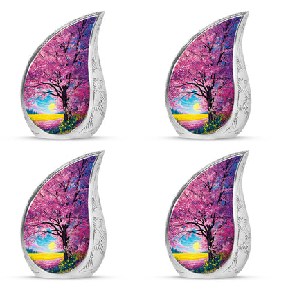 Petal Pink Cherry Blossom Cremation Urn close-up of engraving and surface detail - graceful tear-shaped urn with cherry blossom motif - 10 inch aluminum urn for cremated remains