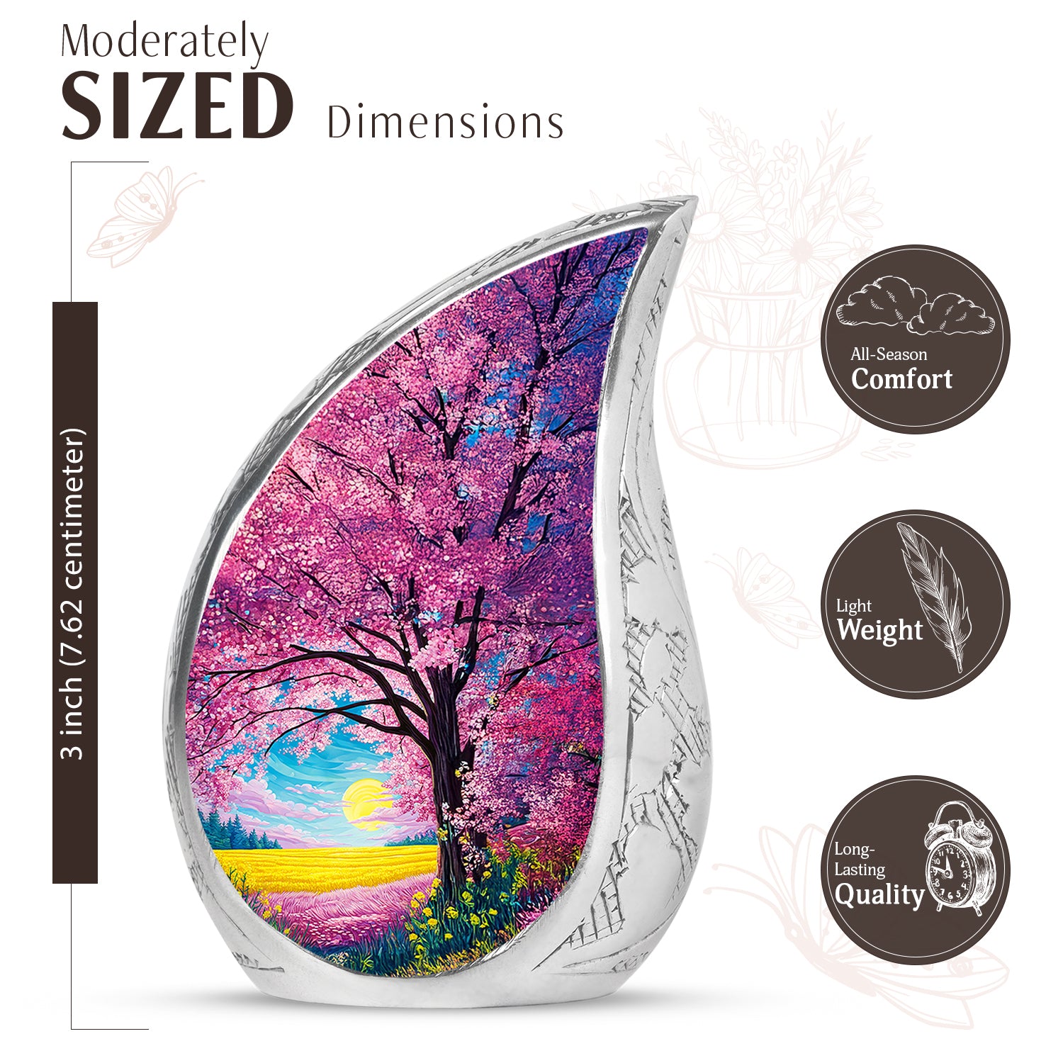 Pastel Pink Cherry Blossom Cremation Urn angled view of lid and engraved motif - flowing teardrop cherry blossom silhouette on curved aluminum - mini keepsake memorial for portion of cremation ashes