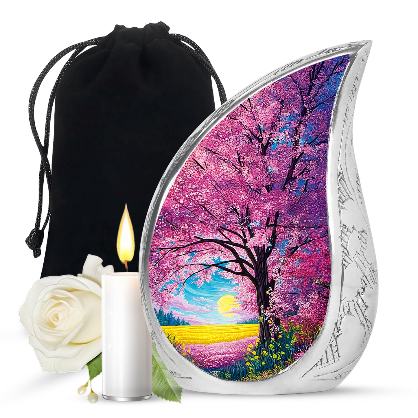 Vintage Pink Cherry Blossom Cremation Urn front view showing detailed design - smooth teardrop contour featuring cherry blossom art - full-size 10 inch 200 cubic inch adult cremation urn