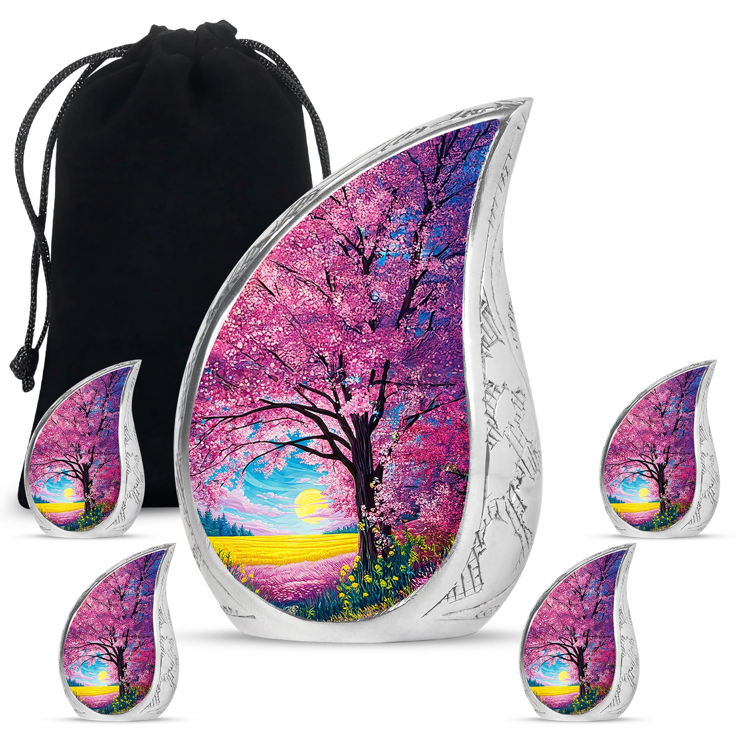 Soft Pink Cherry Blossom Cremation Urn side profile showing urn shape - smooth teardrop contour featuring cherry blossom art - memorial set with one large and four small urns