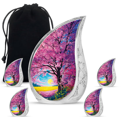 Soft Pink Cherry Blossom Cremation Urn side profile showing urn shape - smooth teardrop contour featuring cherry blossom art - memorial set with one large and four small urns
