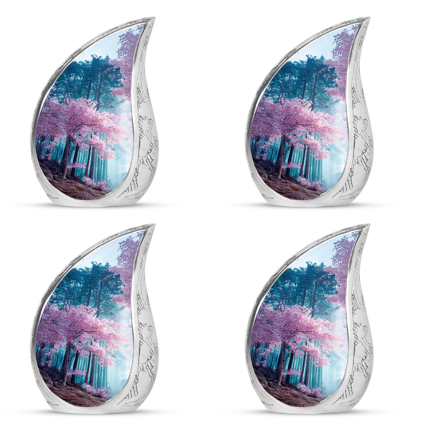 Steel Blue Cherry Blossom Cremation Urn close-up of engraving and surface detail - graceful tear-shaped urn with cherry blossom motif - 10 inch aluminum urn for cremated remains