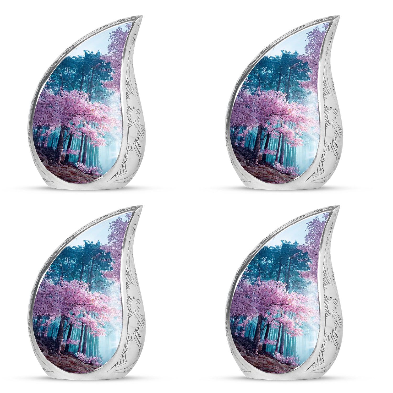 Steel Blue Cherry Blossom Cremation Urn close-up of engraving and surface detail - graceful tear-shaped urn with cherry blossom motif - 10 inch aluminum urn for cremated remains