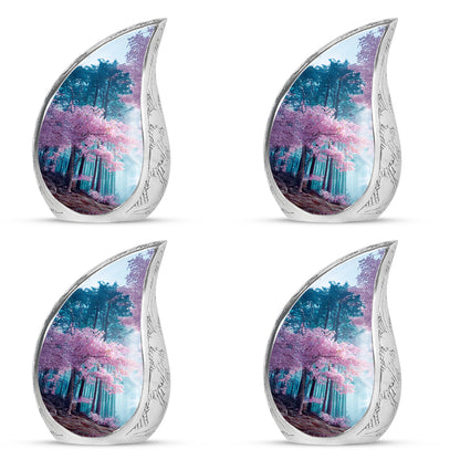 Steel Blue Cherry Blossom Cremation Urn close-up of engraving and surface detail - graceful tear-shaped urn with cherry blossom motif - 10 inch aluminum urn for cremated remains