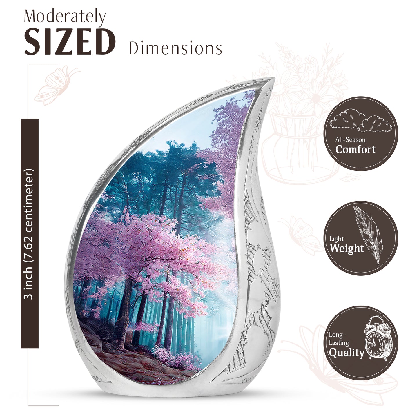 Icy Blue Cherry Blossom Cremation Urn angled view of lid and engraved motif - rounded teardrop cherry blossom design with delicate detail - mini keepsake memorial for portion of cremation ashes
