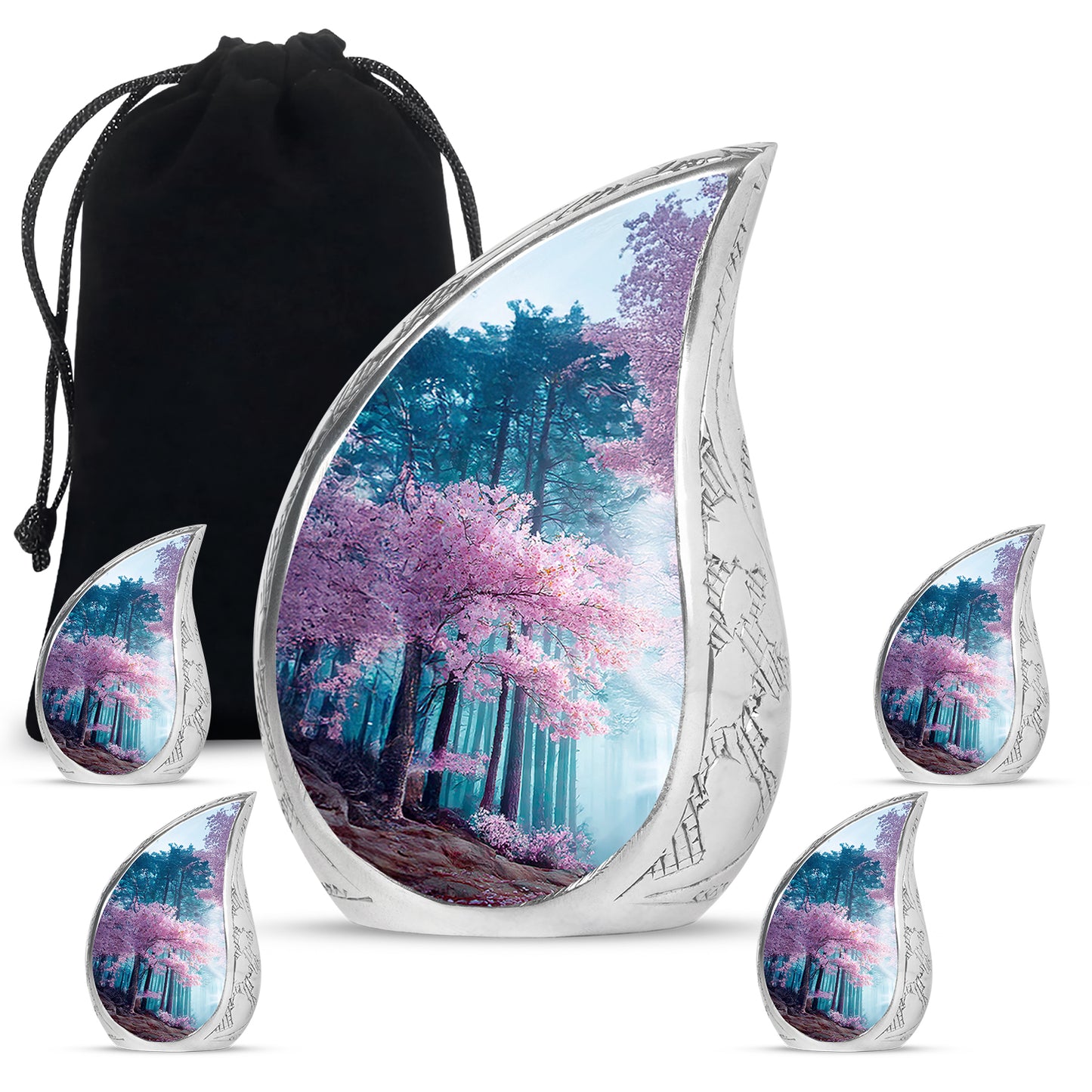 Powder Blue Cherry Blossom Cremation Urn side profile showing urn shape - flowing teardrop cherry blossom silhouette on curved aluminum - memorial set with one large and four small urns