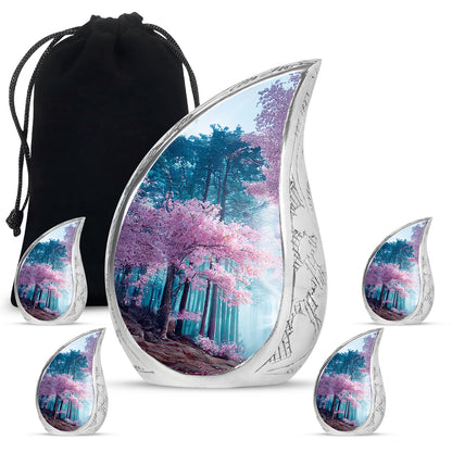 Powder Blue Cherry Blossom Cremation Urn side profile showing urn shape - flowing teardrop cherry blossom silhouette on curved aluminum - memorial set with one large and four small urns