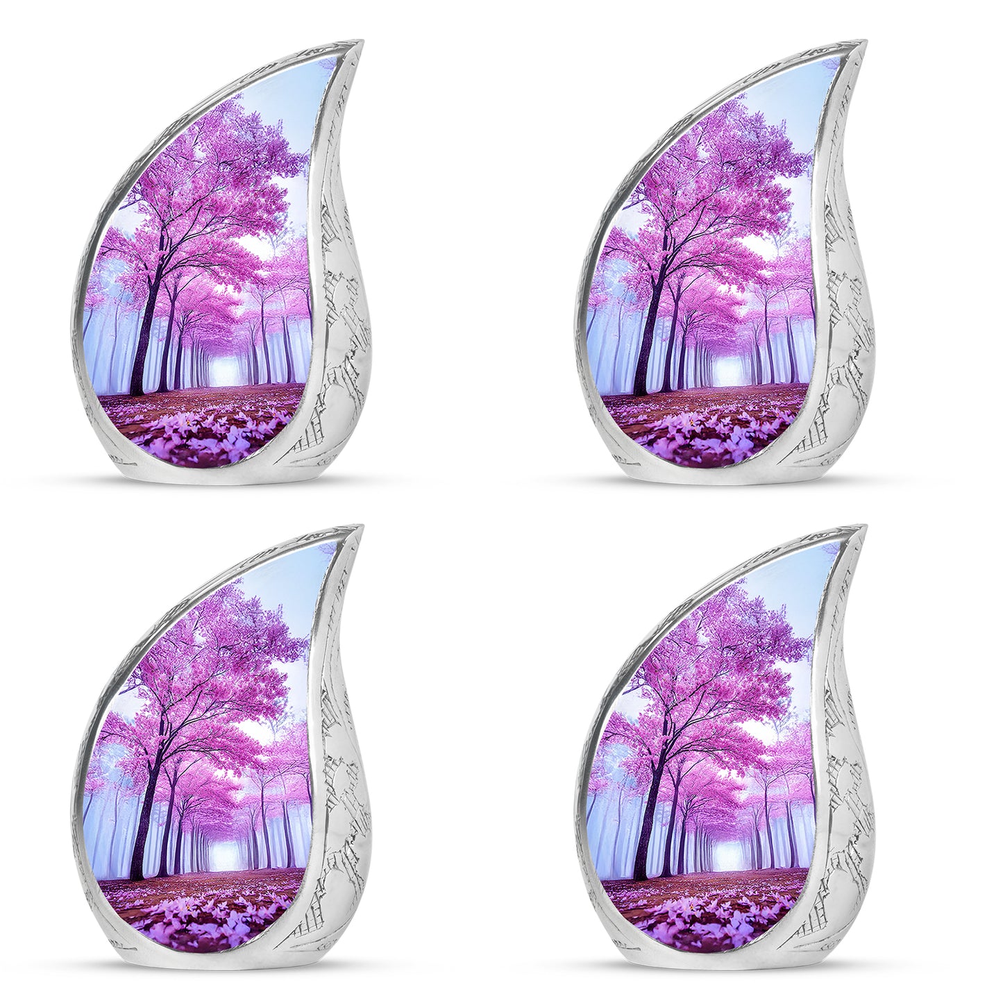 Steel Blue Cherry Blossom Cremation Urn close-up of engraving and surface detail - graceful tear-shaped urn with cherry blossom motif - 10 inch aluminum urn for cremated remains