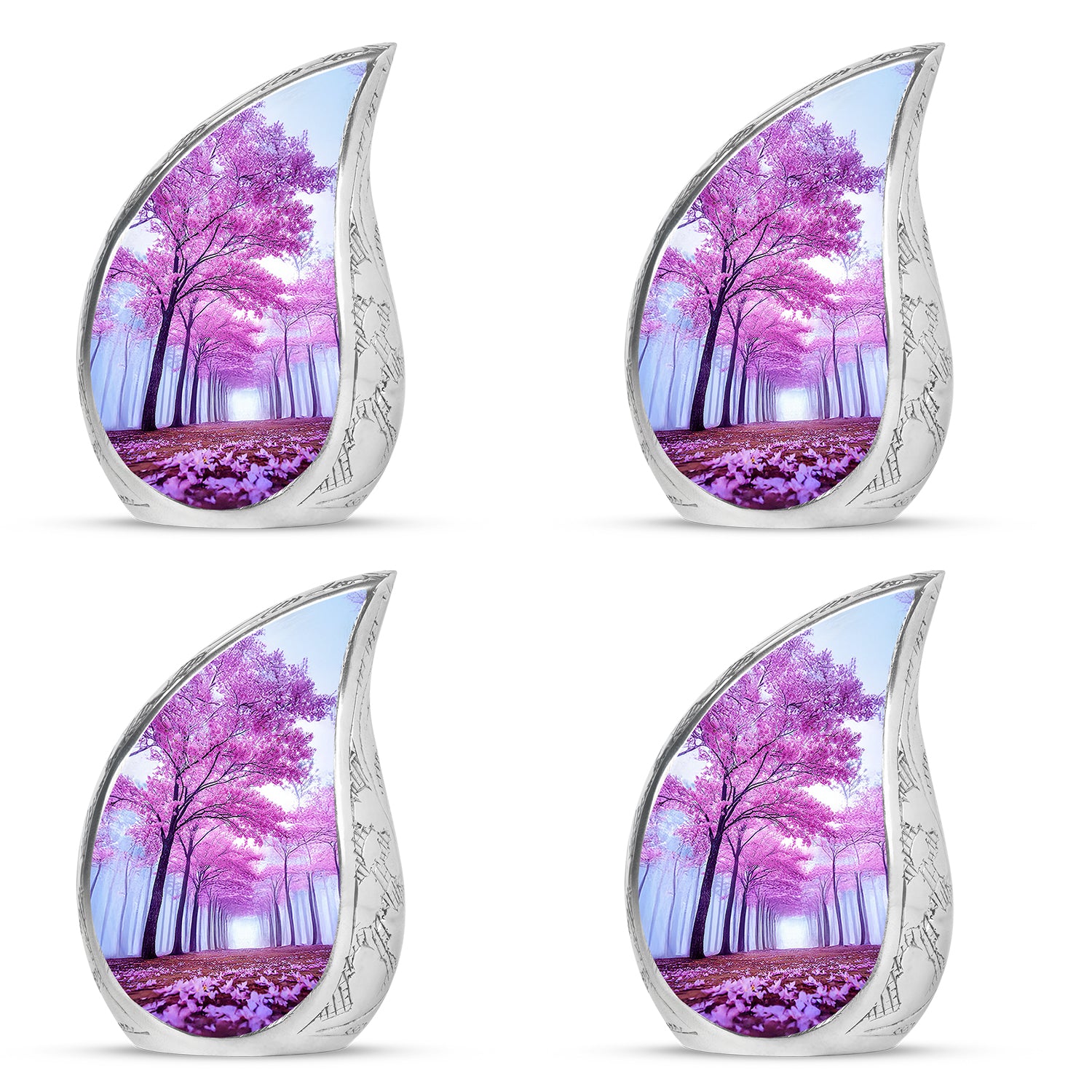Steel Blue Cherry Blossom Cremation Urn close-up of engraving and surface detail - graceful tear-shaped urn with cherry blossom motif - 10 inch aluminum urn for cremated remains