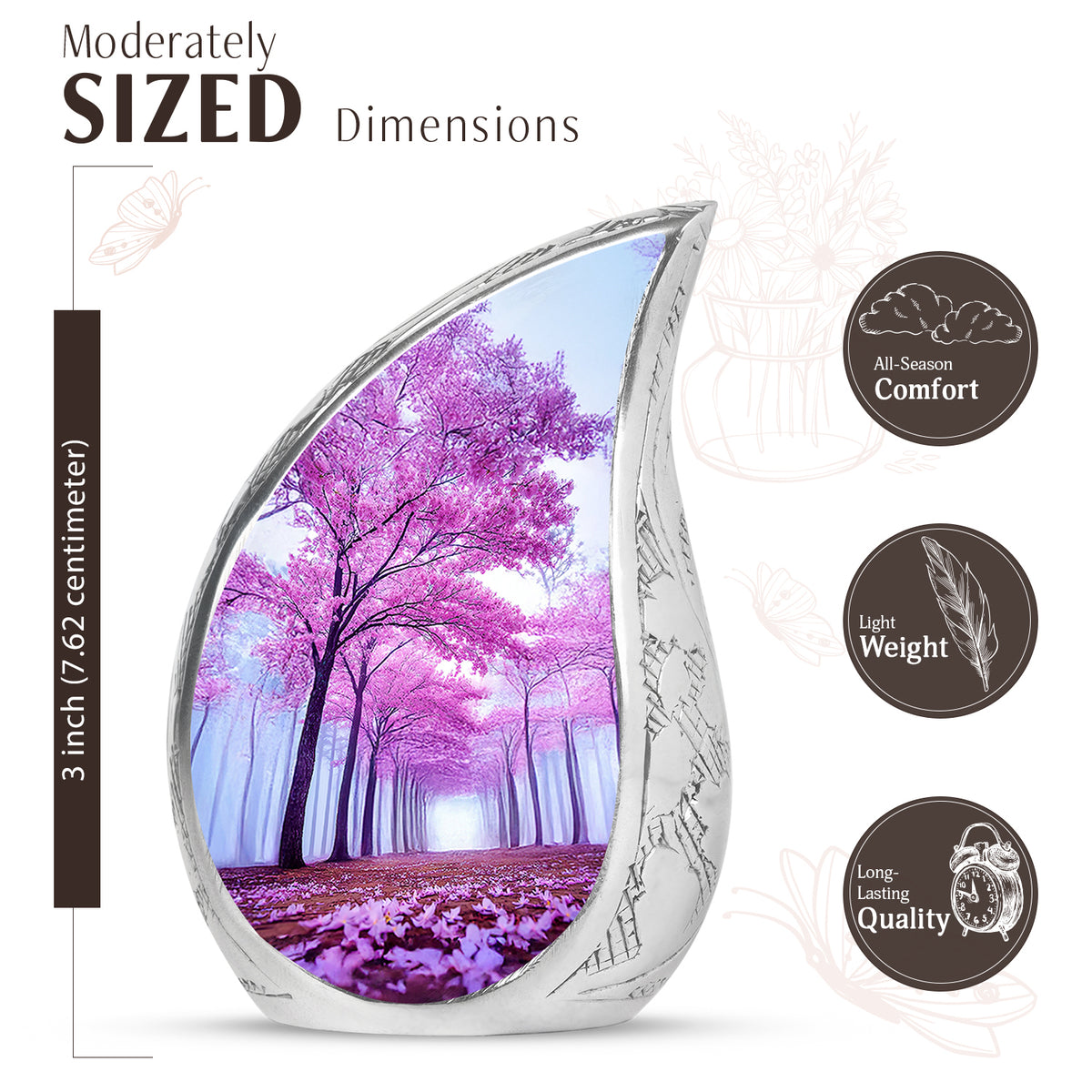 Bright Blue Cherry Blossom Cremation Urn angled view of lid and engraved motif - graceful tear-shaped urn with cherry blossom motif - mini keepsake memorial for portion of cremation ashes