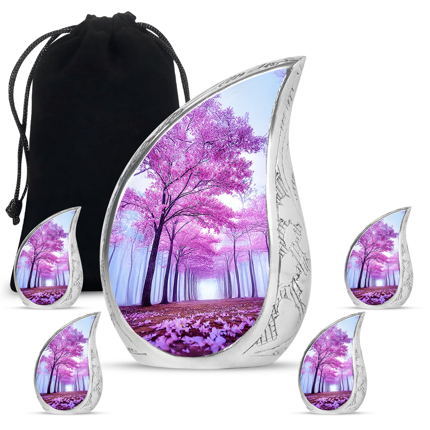Celestial Blue Cherry Blossom Cremation Urn side profile showing urn shape - rounded teardrop cherry blossom design with delicate detail - memorial set with one large and four small urns