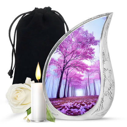 Cornflower Blue Cherry Blossom Cremation Urn front view showing detailed design - smooth teardrop contour featuring cherry blossom art - full-size 10 inch 200 cubic inch adult cremation urn